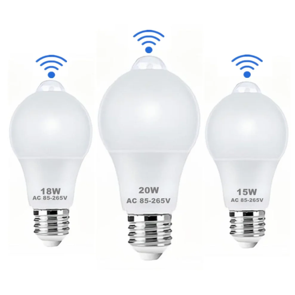 Bombilla LED con Sensor de movimiento E27 de 12W, 15W, 18W, 20W, lámpara LED con Sensor PIR, luz nocturna de encendido/apagado automático para iluminación de estacionamiento del hogar, 110V/220V