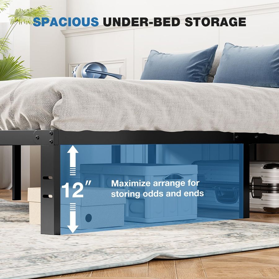 Metal Queen Bed Frame 14in High with Storage Space, No Box Spring Needed with Sturdy Steel Slat Support, 2200LBS Heavy Duty for