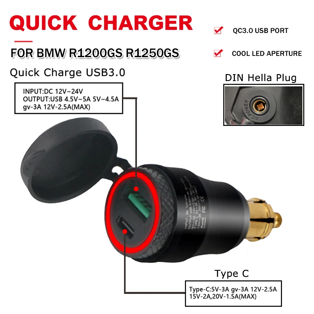 Cargador rápido USB para motocicleta R1250GS R1200GS, adaptador de corriente tipo C, enchufe Hella DIN para BMW f 650 gs R 1200 1250 GS F800R