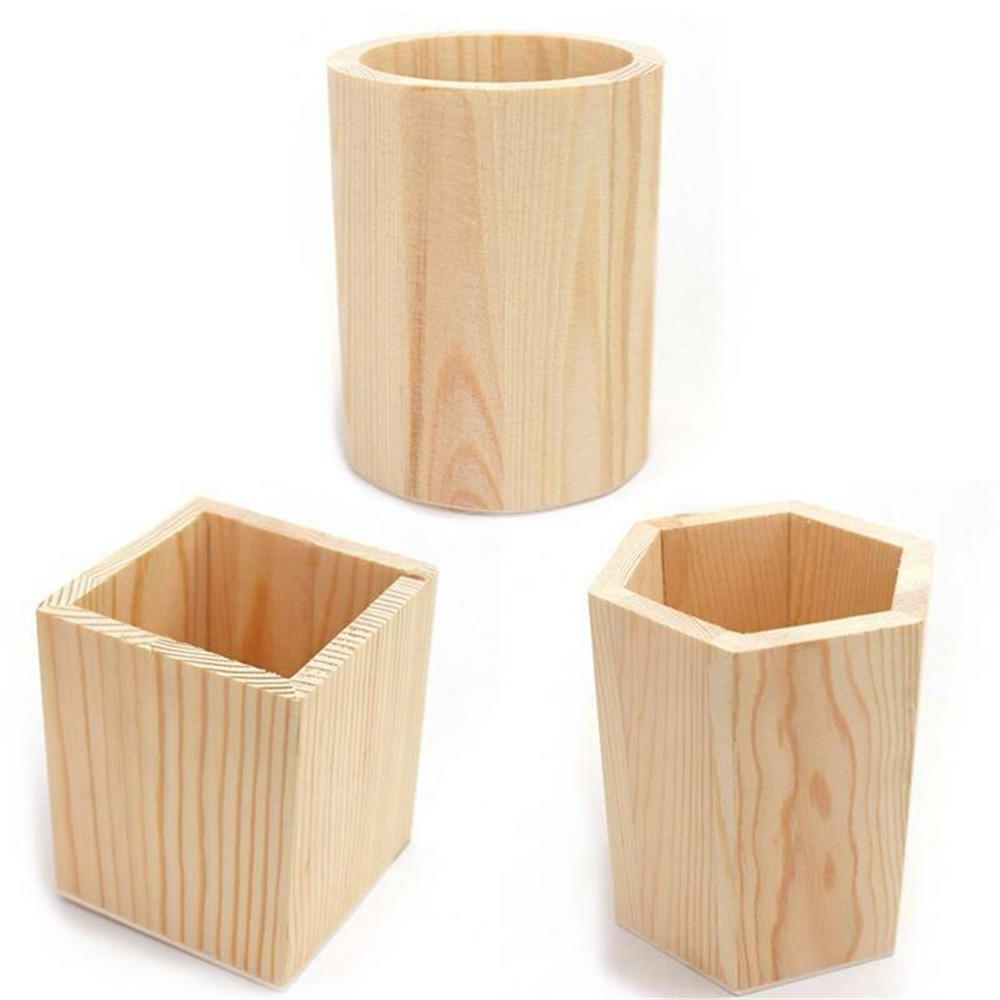 Wooden Pen Storage Box Pencil Pot DIY Office Organizer Desktop Pen Holder Makeup Brush Container Home Office Stationery Supplies