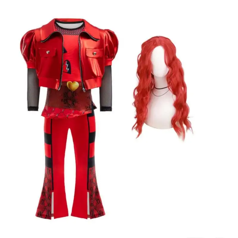 Mädchen The Rise of Red Makeup Tanzkleid Halloween Cosplay Kostüm für 4-12 Jahre alte Kinder Film Descendants 4 Kleider Perücke