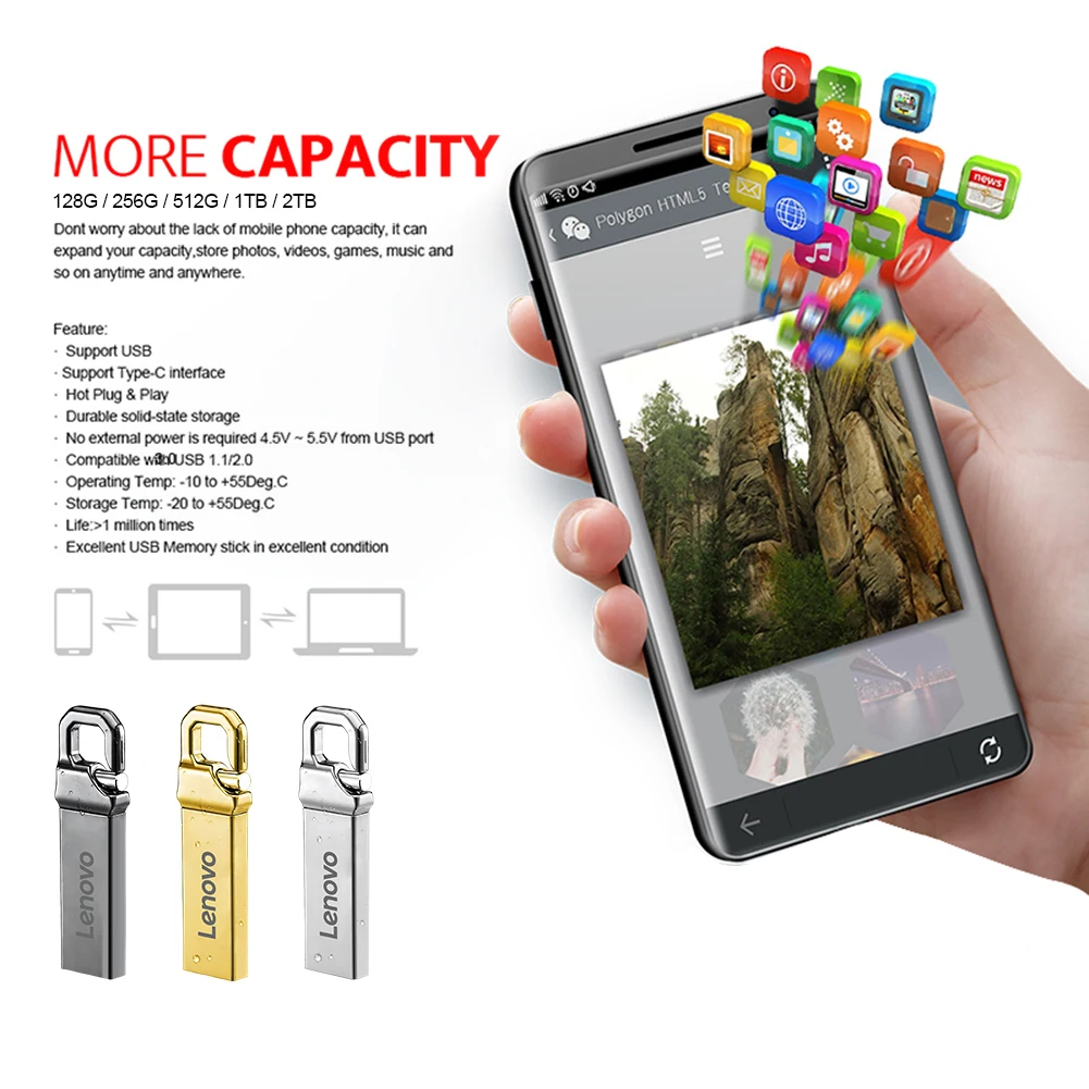 Lenovo 2TB USB3.0 Metal USB Flash Drive High Speed Pendrive 1TB 512GB Portable Usb Pen Drive Waterproof Memoria Usb Flash Disk