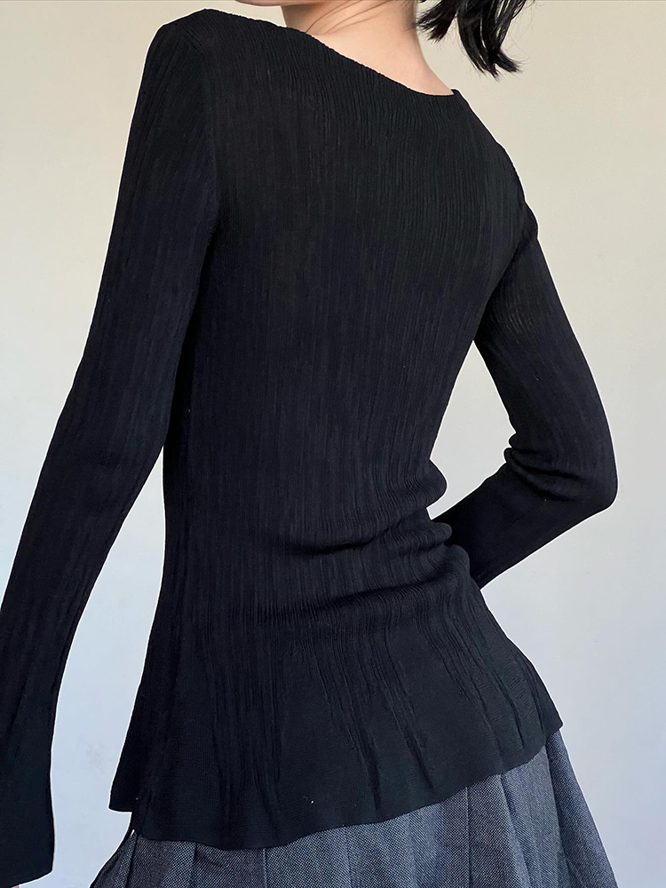Rockmore Solidne plisowane koszulki z długim rękawem Rozkloszowane rękawy Wiosna Jesień Kobiety Slim Casual Ladies Crew Neck Basic Pullover Tops