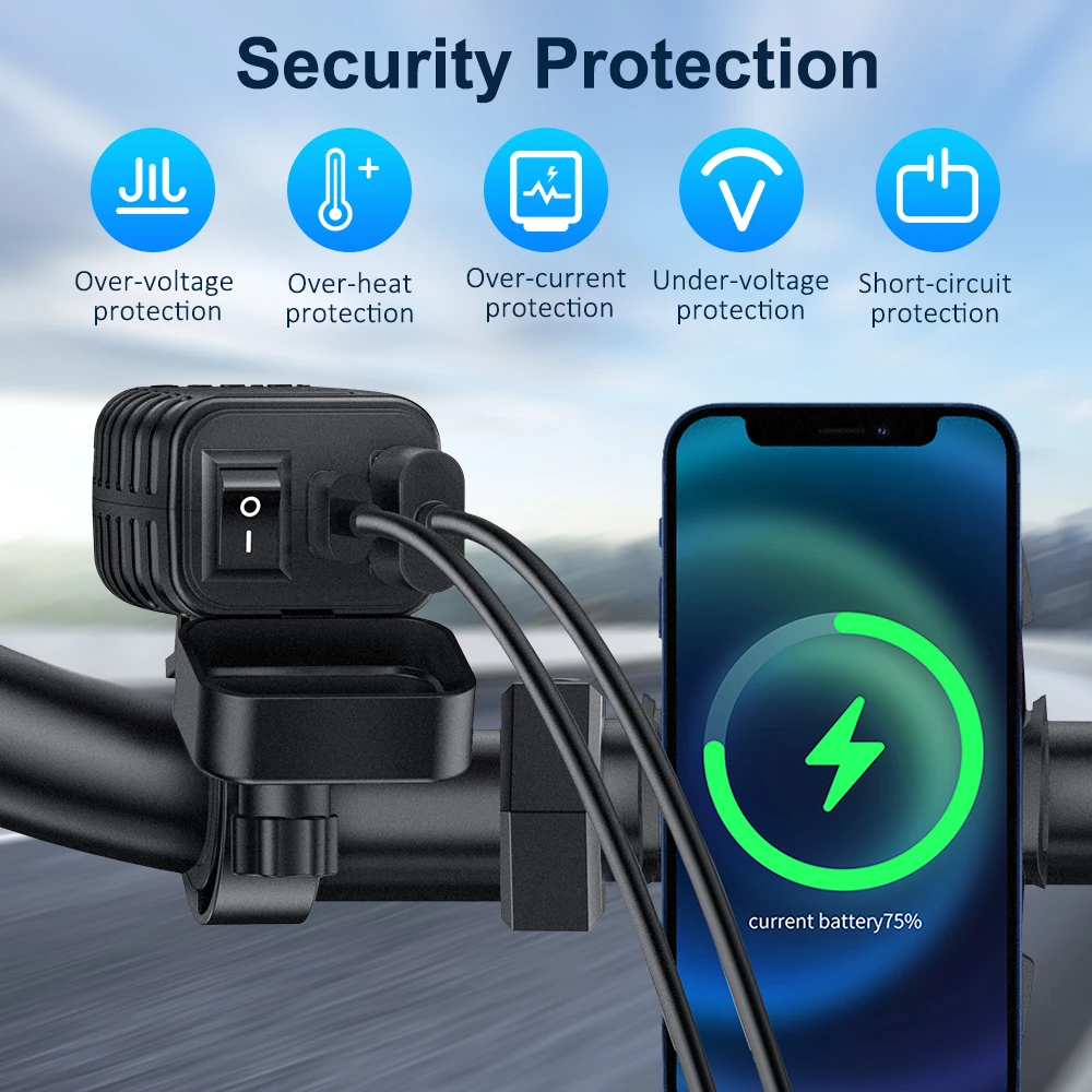 Cargador USB para motocicleta Anchtek 48W QC3.0 y PD Quick Charge 3,0 cargador de teléfono USB tipo C para motocicleta con voltímetro y interruptor de encendido/apagado