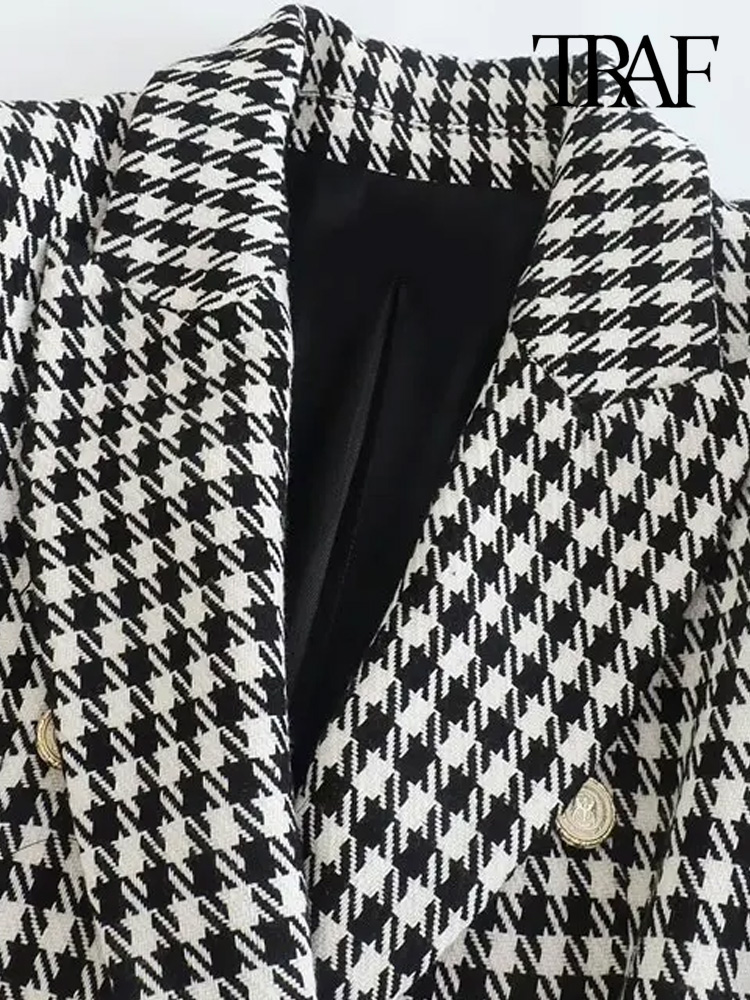 TRAF ผู้หญิงแฟชั่น Double Breasted Houndstooth Blazer Coat Vintage แขนยาวกระเป๋าหญิง Outerwear Chic Vestes