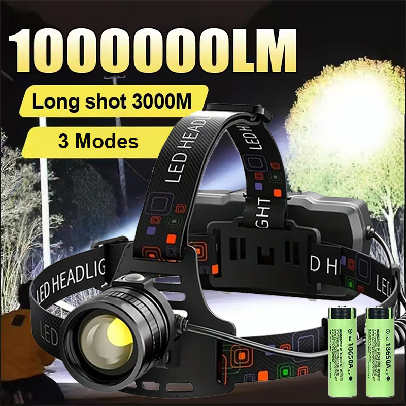 2024 Lampada frontale a LED ultra potente Torcia frontale super luminosa a lungo raggio Torcia frontale ricaricabile USB Lampada da caccia per pesca