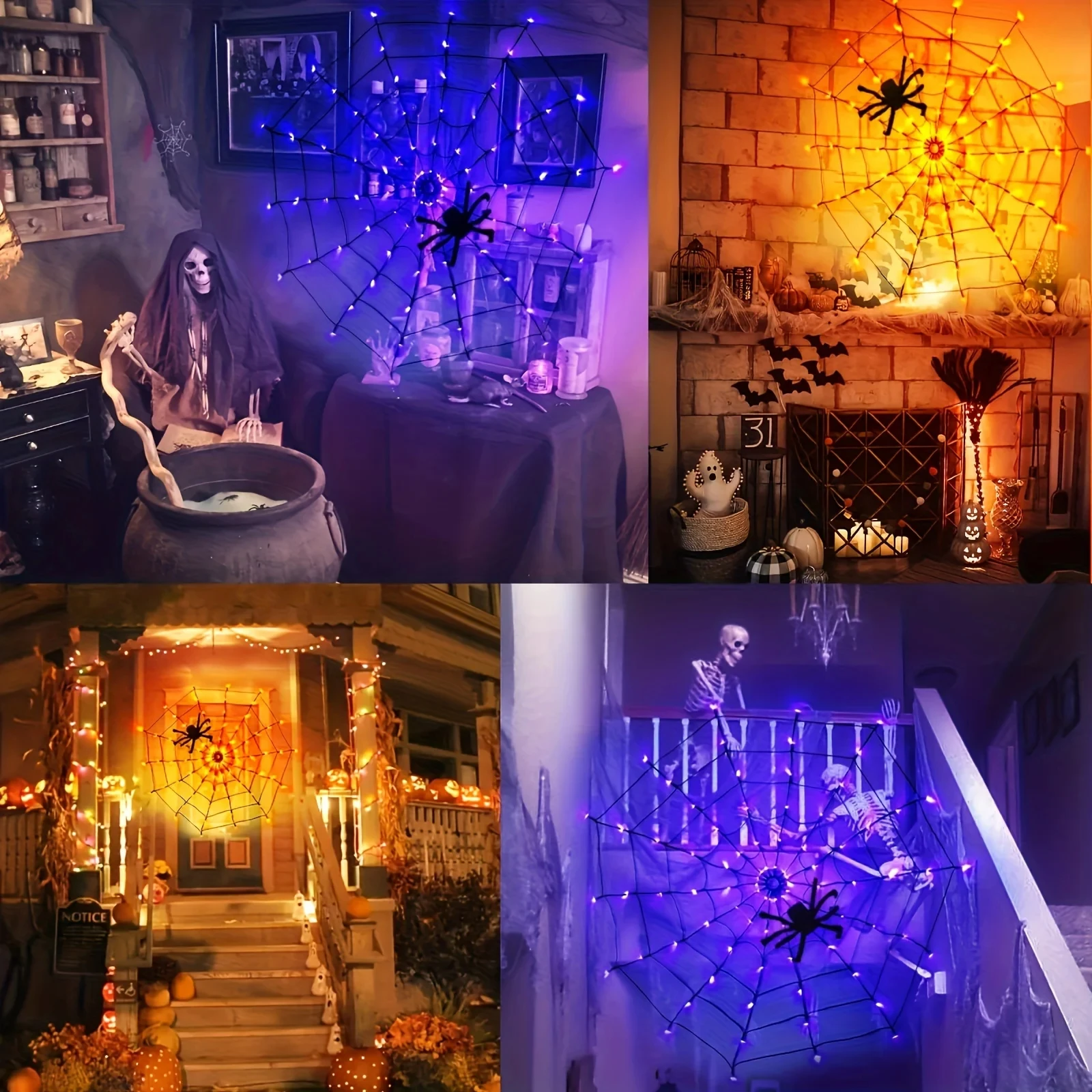 Halloween Spider Web String Lights Battery Powered Wall Lamp Horror Atmosphere Decoration Lights For Haunted House,Window,Party