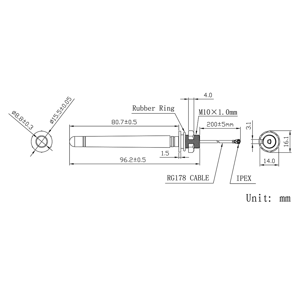 Omnidirektionaler GUMMI-Pigtail 868 MHz Antenne ISM 868