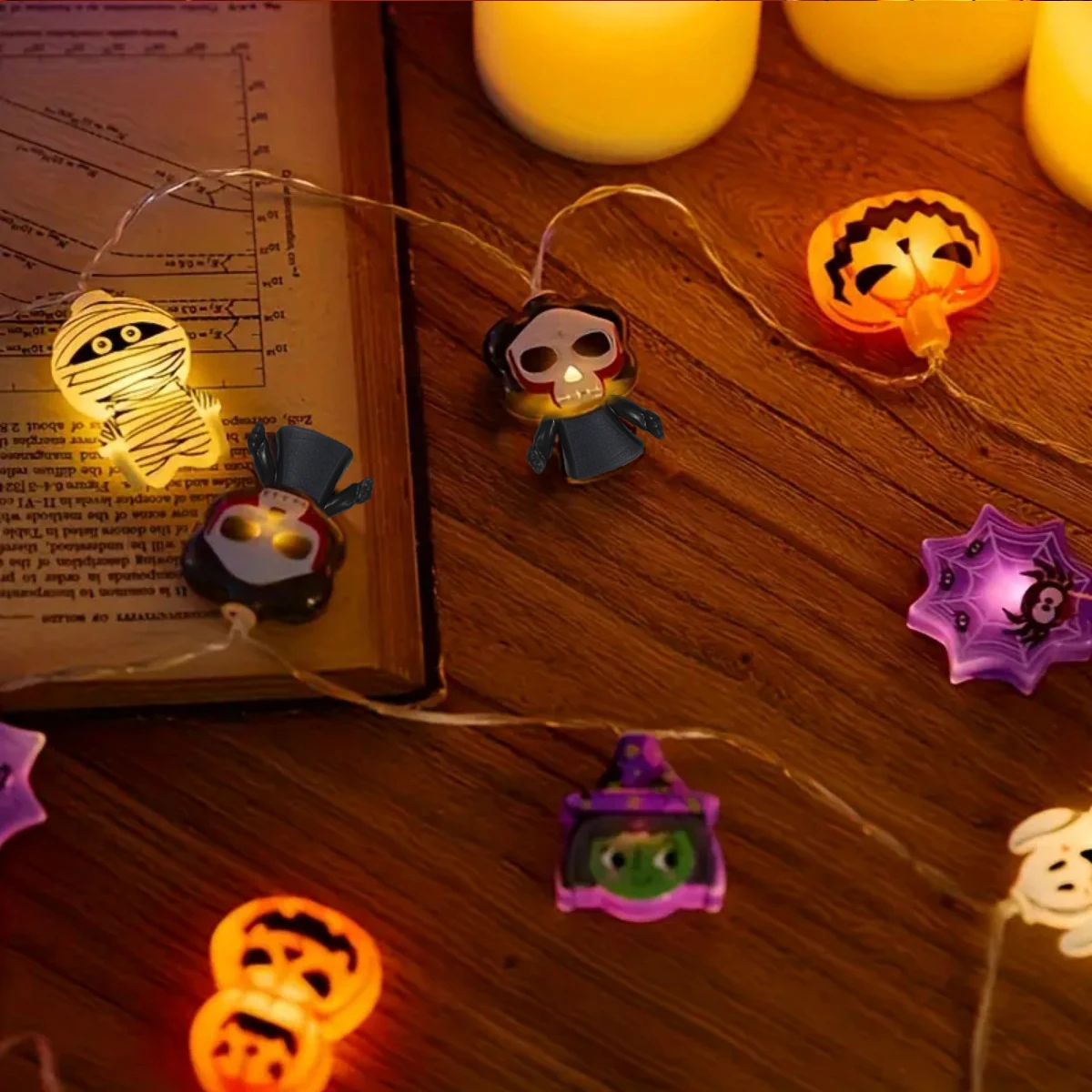 1PC ฮาโลวีน 10/20 LED แบตเตอรี่ขับเคลื่อนไฟ String Ghost แม่มดแมวฟักทอง Spider Web Skeleton Mummy โจรสลัดรูปร่างในร่ม