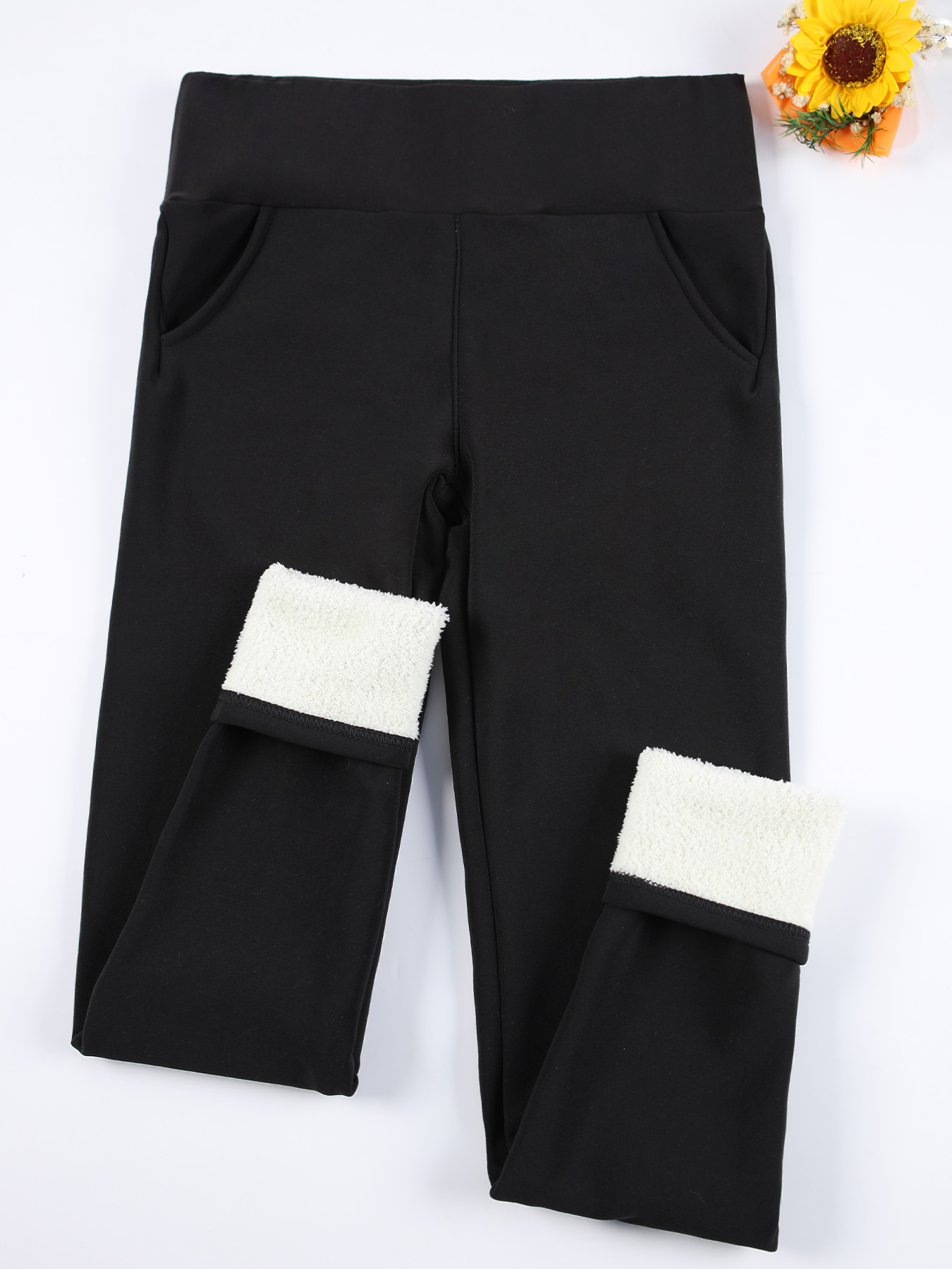 Frauen Samt Leggings mit Taschen Herbst Winter Warme Fleece Strumpfhosen Samt Einfarbig Verhindern Kälte Leggings Stretch Leggings