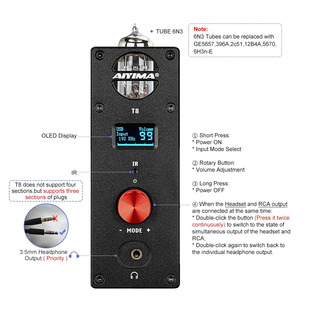AIYIMA Audio T8 Tube Vacuum Premplifier Bluetooth Amplifier Headphone Amplifier HiFi Bluetooth Preamp Decoder DAC USB Optical