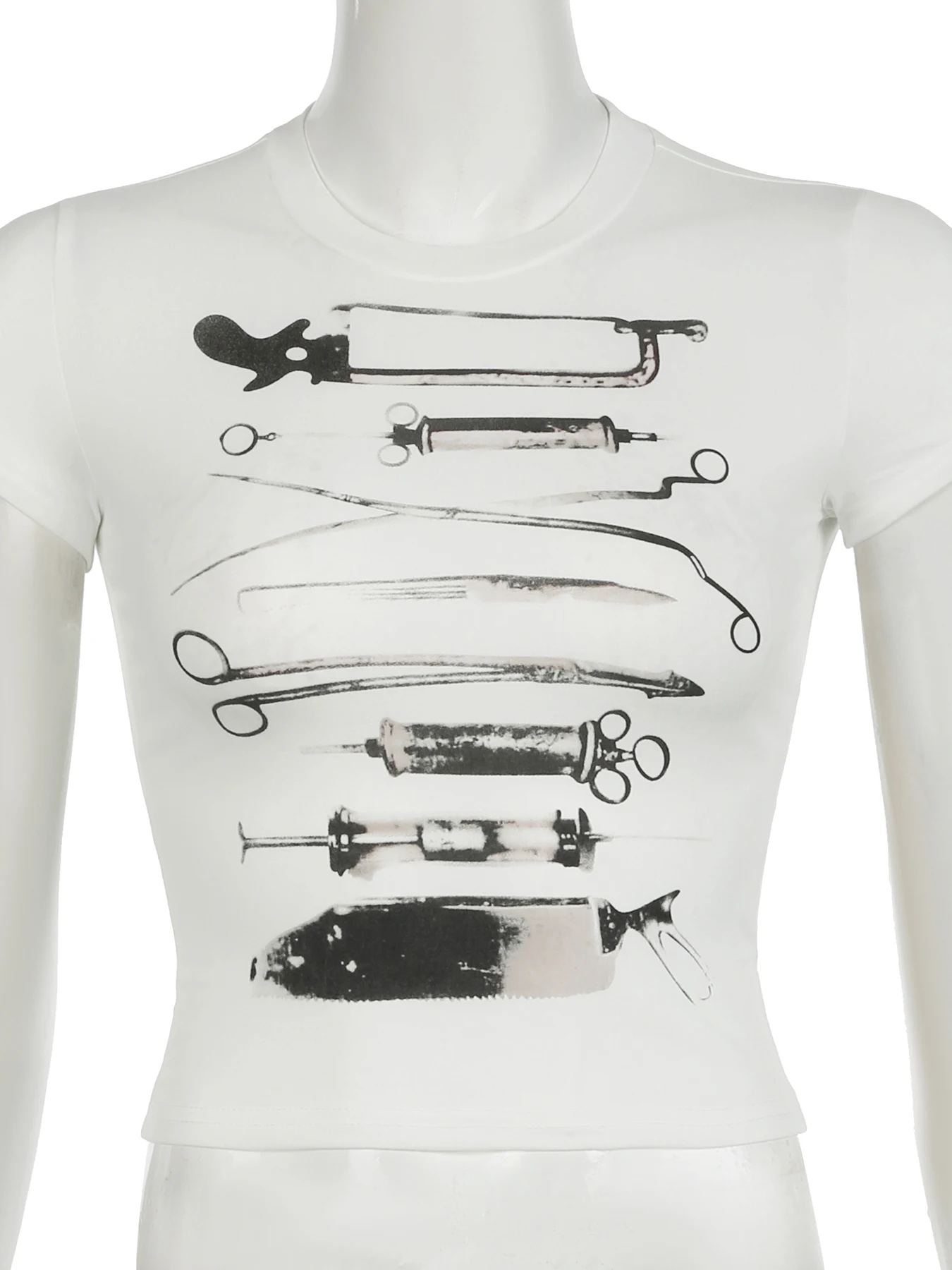 IAMSURE ダークプリントクロップド T シャツゴシックカジュアルスリム O ネック半袖 Tシャツ女性 2024 夏のファッションストリートレディース