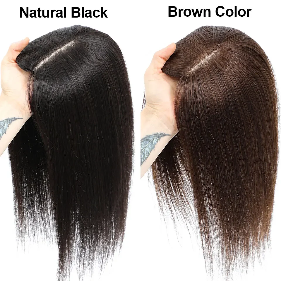 Base de pele cabelo humano topper com franja para mulheres marrom peruca peças de cabelo base de seda respirável clipe na extensão do cabelo topper