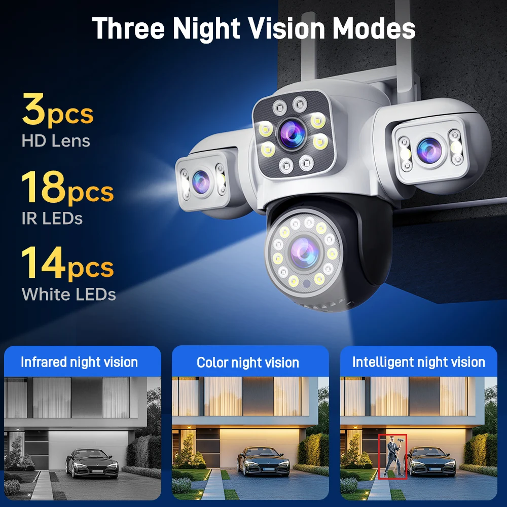 ANSVICAM 6K 12MP Triple Pantalla Triple Lente Exterior WiFi PTZ 360 ° Cámara de vigilancia CCTV IP66 Yoosee para seguridad completa