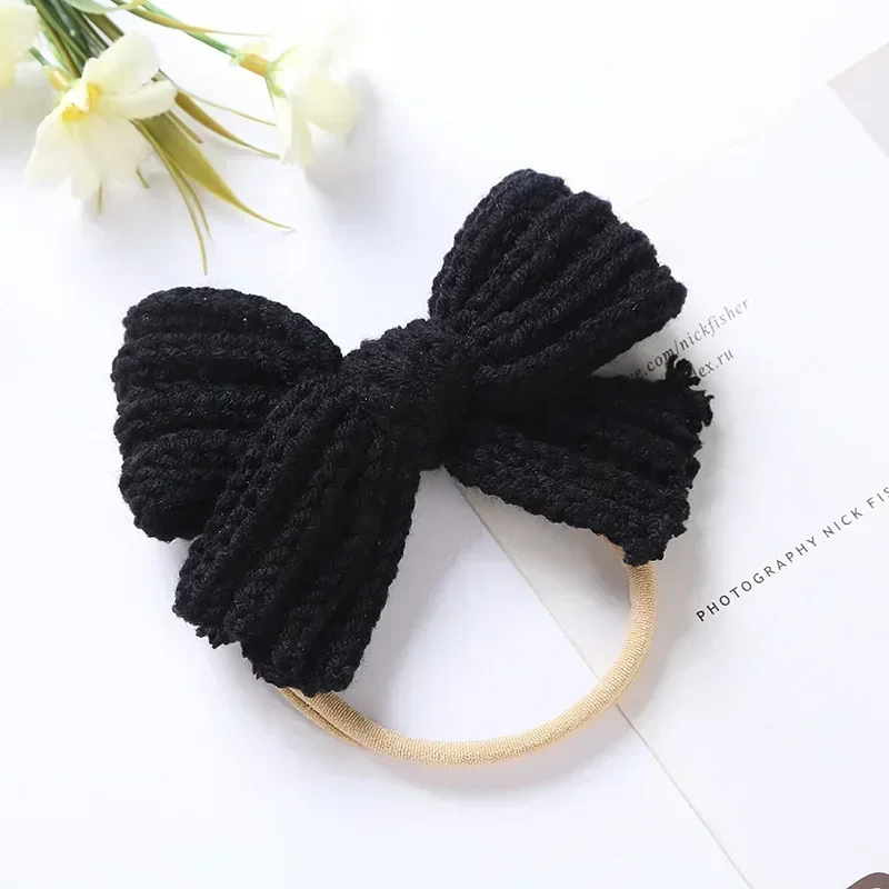 1 Uds. Diadema elástica con lazo de lana tejida bonita, diadema infantil de Color sólido con lazos de ganchillo, diadema de nailon, sombreros para niños, regalo de cumpleaños