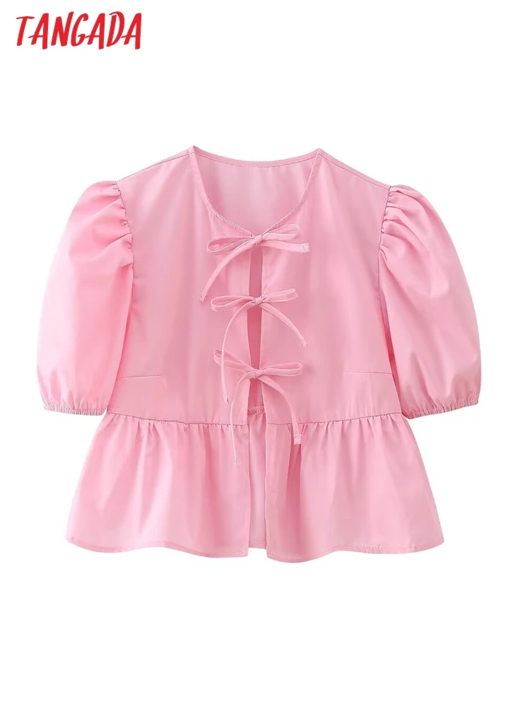 Женская летняя блузка с коротким рукавом и бантом