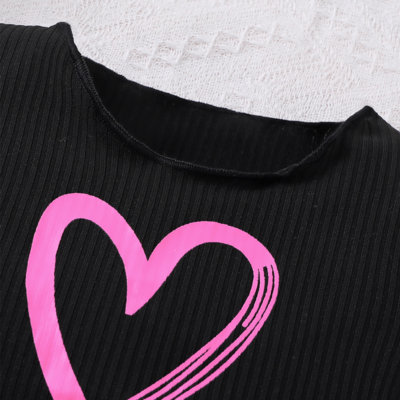Clearance_2 pezzi Abito corto per ragazze che escono Top con maniche svolazzanti con grafica a cuore e pantaloncini in vita con cintura Set Abbigliamento estivo per bambini_Continu