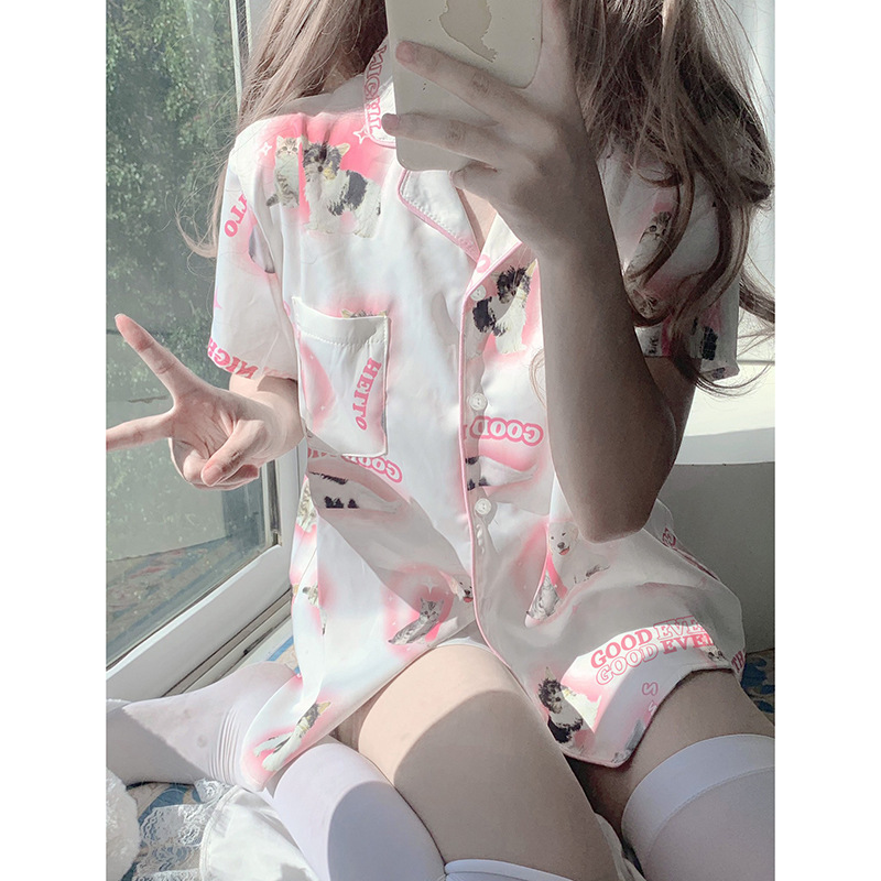 Cartoon Neue Rosa Serie Cartoon Katze Pyjamas Nette Pjs Kurzarm Shorts Pyjamas Komfortable Hause Kleidung Mädchen Nachtwäsche
