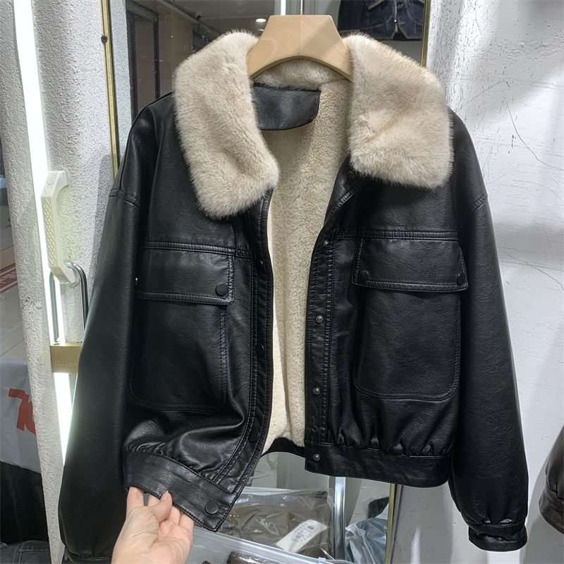 Women's Winter Fleece Lined Genuine Leather Jacket Motorcycle Sle Short Coat Rabbit Fur Inner Warm Commuter Straight Cut Top