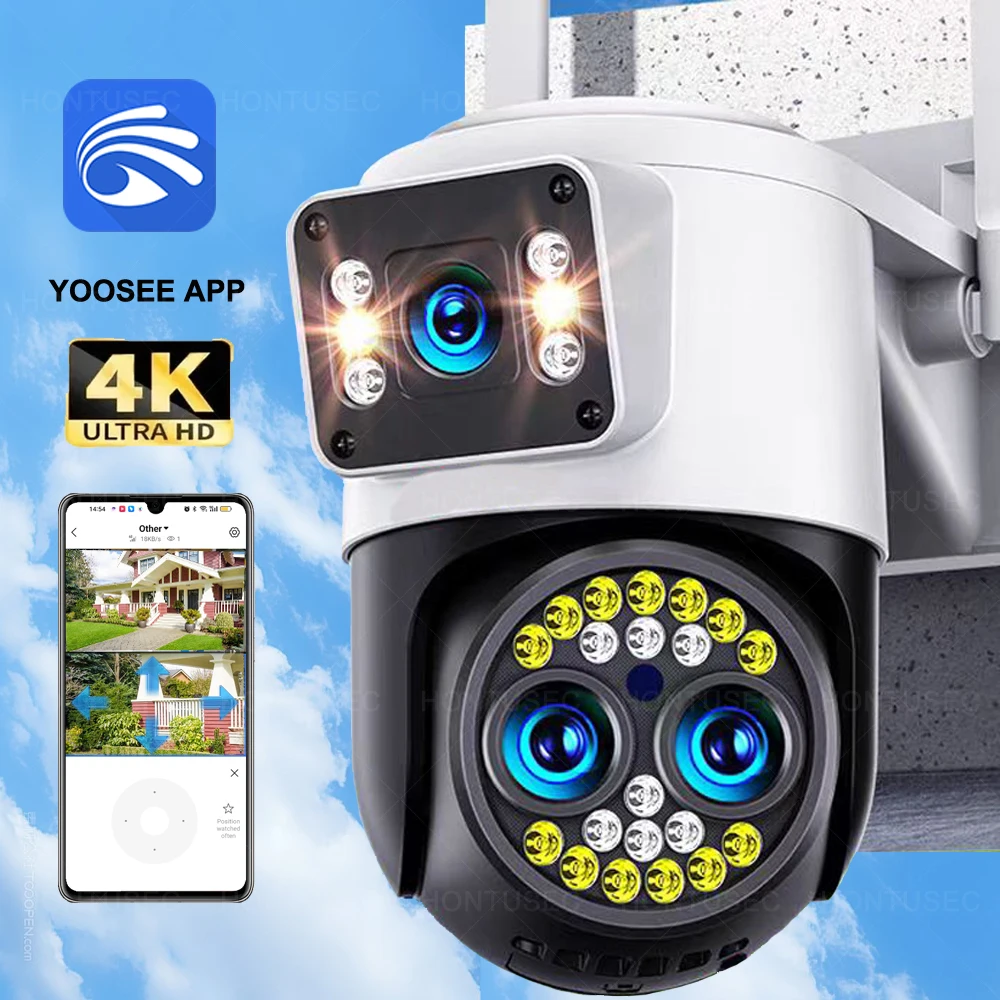 Yoosee 4K 8MP tres lentes pantallas duales 10X Zoom óptico IP66 impermeable al aire libre seguimiento automático cámaras de vigilancia de Audio bidireccional