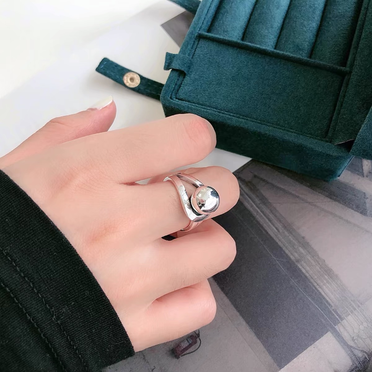 925 เงินสเตอร์ลิงแหวนผู้หญิงเครื่องประดับนิ้วมือเปิด Vintage Big Ball แหวนสําหรับของขวัญวันเกิด