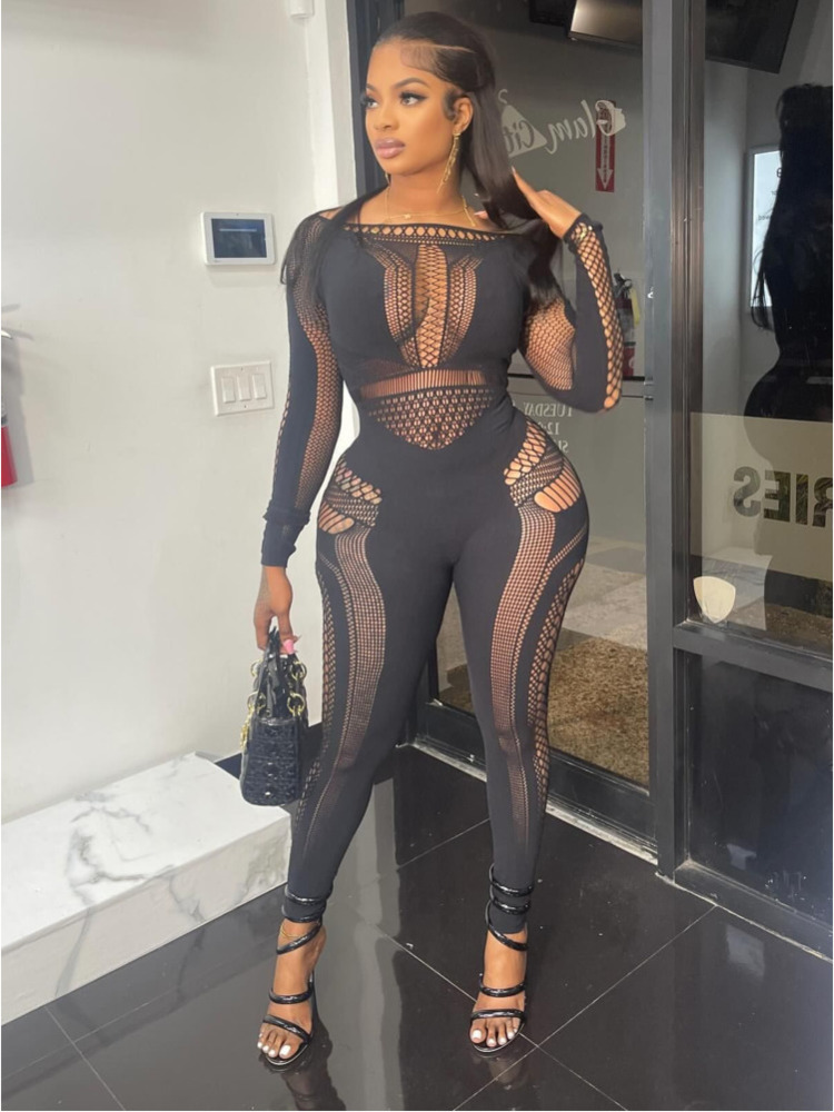 女性のためのセクシーなニットパジャマ,透かし彫り,タイト,引き戸付き,伸縮性,スリム,ペンシルパンツ,パーティーナイト,ディスコ,1個