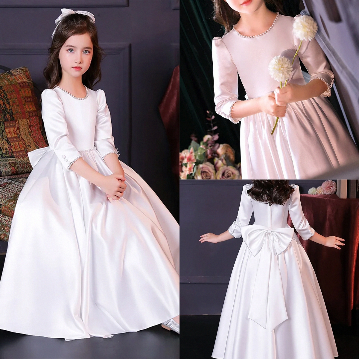 Mooie witte satijnen bloemenmeisjesjurk voor trouwjurken kleine prinses strik kinderverjaardagsfeestje avondjurken aanpassen