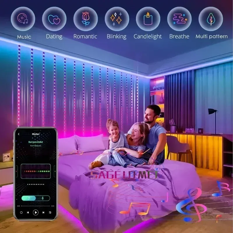 400LED Inteligentne oświetlenie kurtynowe Bluetooth App Control DIY LED String RGB Fairy Light Music Sync Led Display for Holiday Window Decor