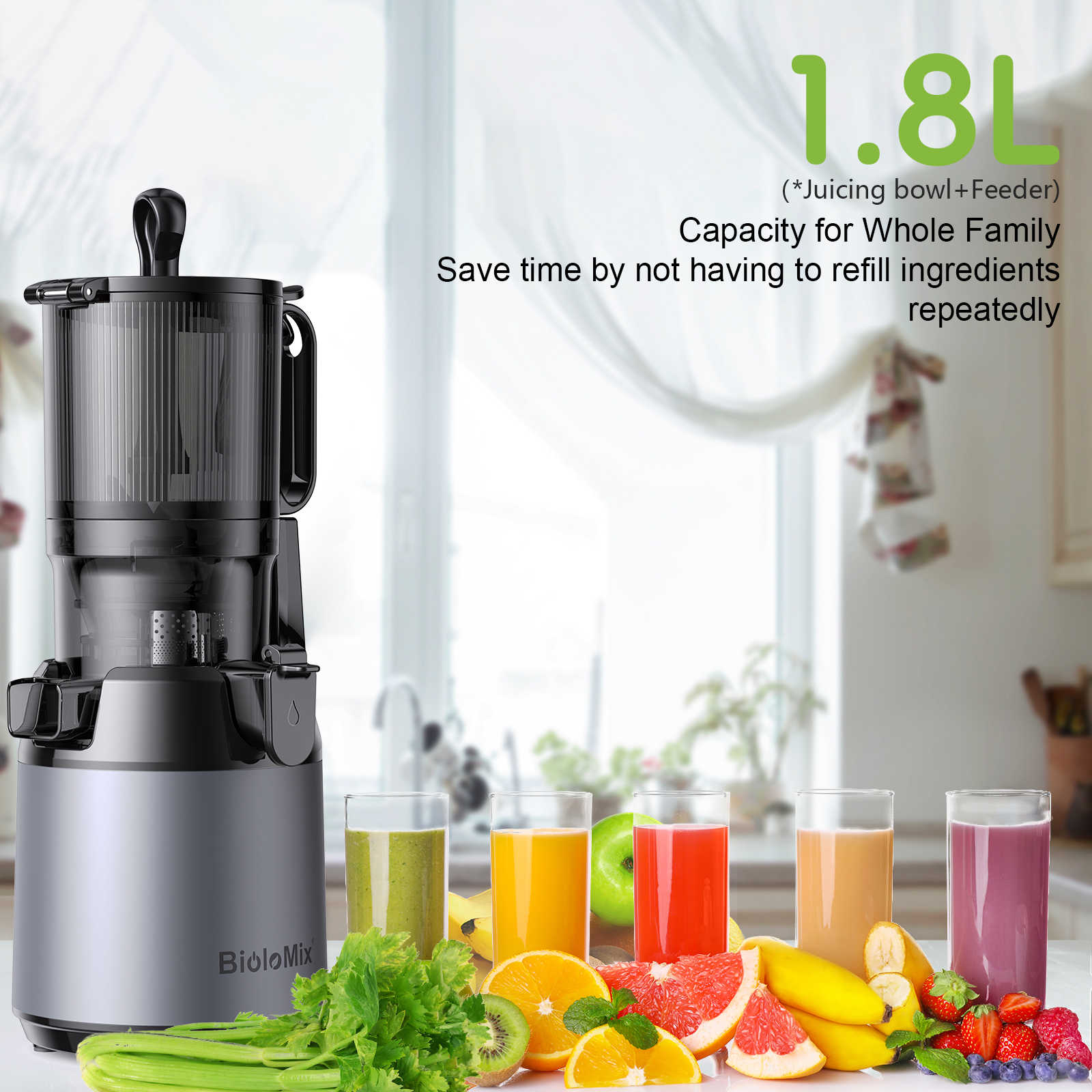 BioloMix koude pers-sapcentrifuge, met 130 mm invoergoot, geschikt voor hele groenten en fruit, hoge sapopbrengst, BPA-vrije langzaam kauwende sapcentrifuge