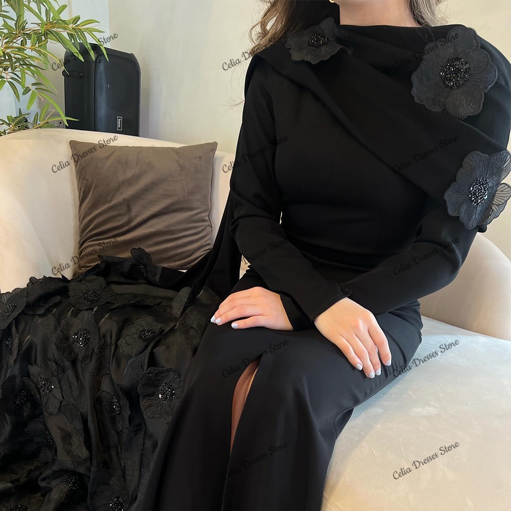 Customized Exquisite 3D Flowers and Sequined Black Evening Dress Side Split Long Sleeves with Watteau Train Vestido De Festa