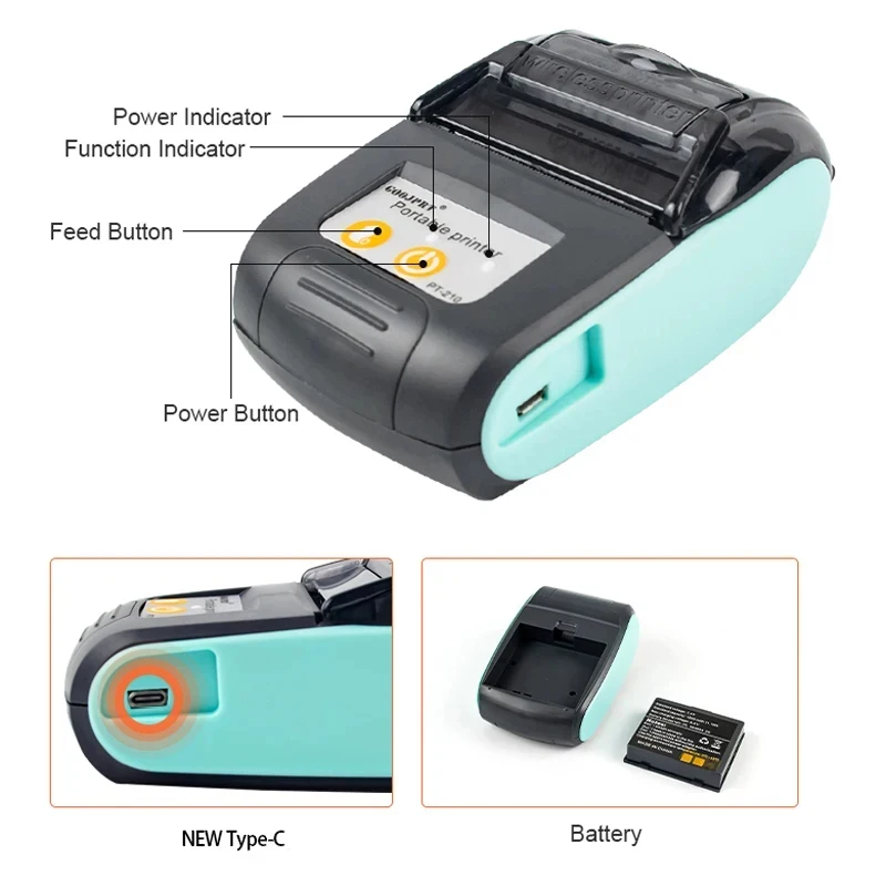 Goojprt PT-210 58mm mini impressora portátil móvel sem fio bluetooth bilhete móvel bill pos impressora portátil código de barras telefone e pc