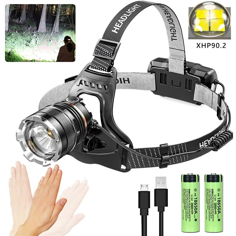 XHP90.2 linterna frontal súper potente linterna de cabeza recargable lámpara de cabeza de alta potencia 1000 metros faro 2*18650 linterna de pesca
