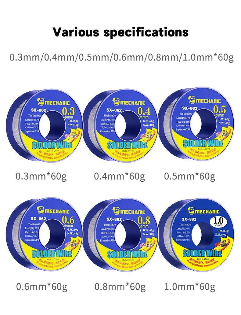 MECHANIC 2/5/10 Pcs SX-862 60g Dual Core Solder Wire with Two Flux Cores 183-200C Melting Point Strong Welding