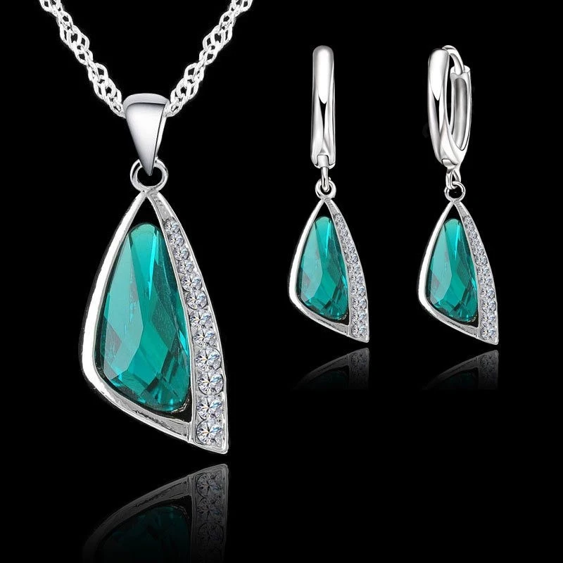 ชุดเครื่องประดับสําหรับผู้หญิงแหวนหมั้นงานแต่งงานเครื่องแต่งกาย 925 เงินสเตอร์ลิงสีCubic Zirconเรขาคณิตสร้อยคอต่างหู