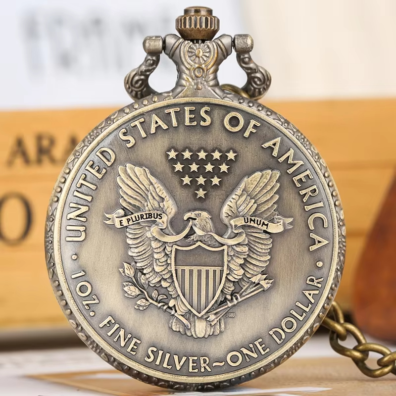Relógio de bolso de quartzo colecionável com padrão de moeda da estátua da liberdade de bronze antigo com colar pandent presente requintado para mulheres masculinas