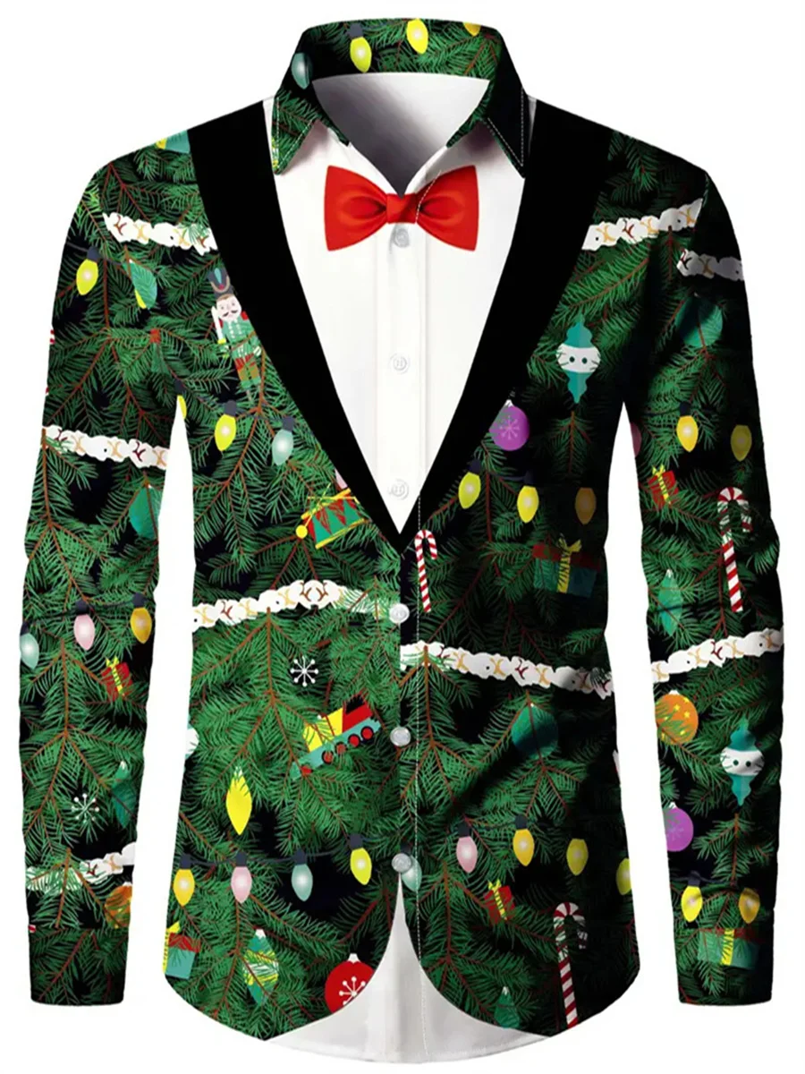 2024 nueva camisa de traje de moda Navidad hombres músculo árbol de Navidad divertido patrón HD suave y cómodo hombres de gran tamaño