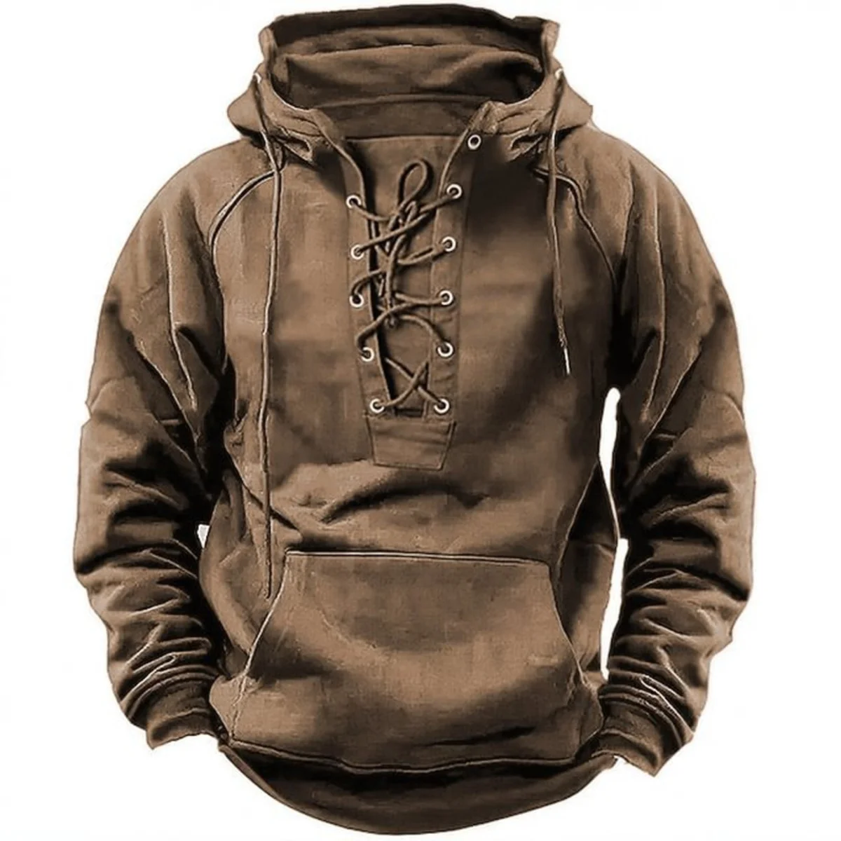 2025 Chaqueta casual al aire libre de otoño invierno para hombre: sudadera con capucha de manga larga de color puro con cordones retro, ajuste holgado