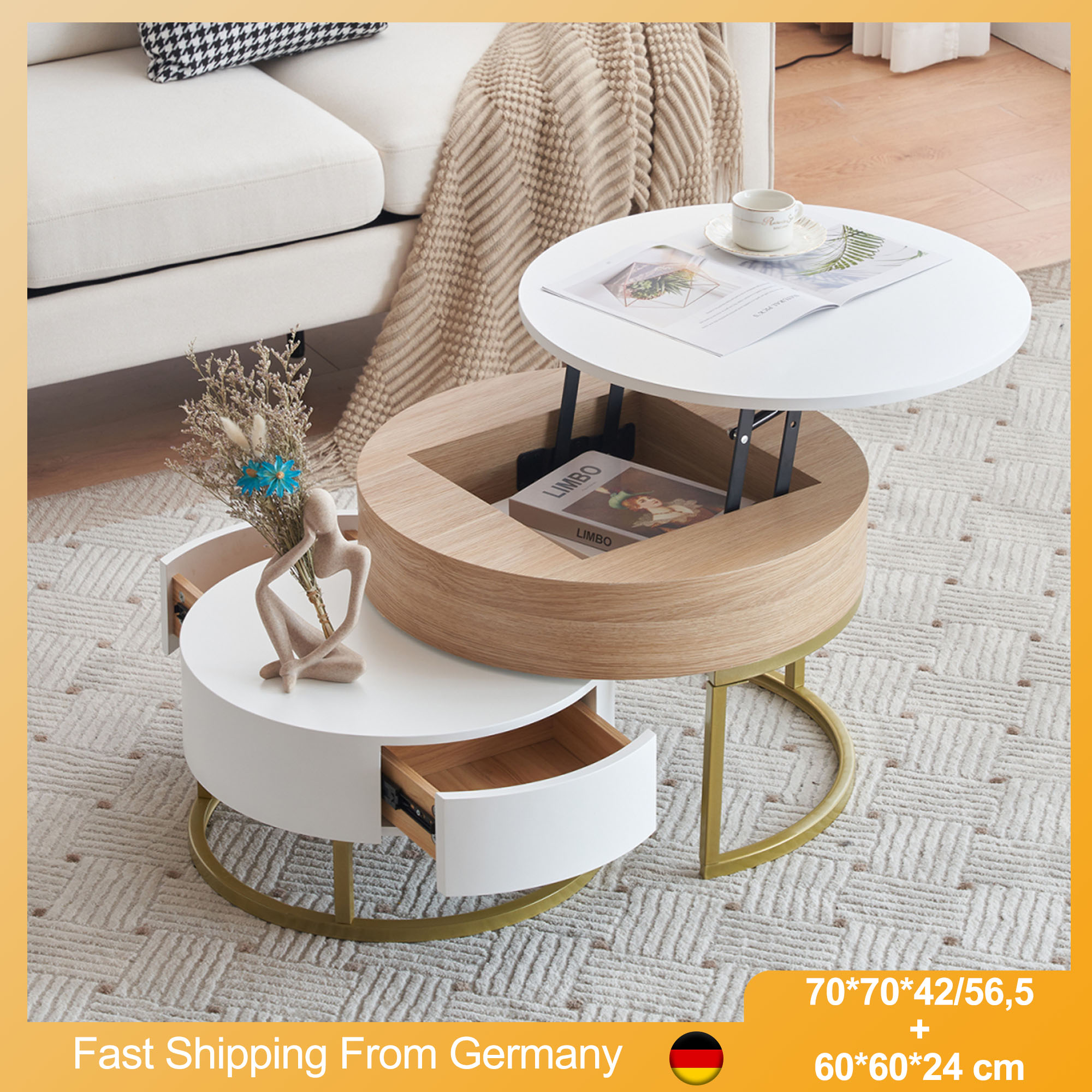 Witte houtkleurige salontafel, opvouwbare salontafelcombinatie, woonkamerbijzettafel met 2 lades, 2-delige set