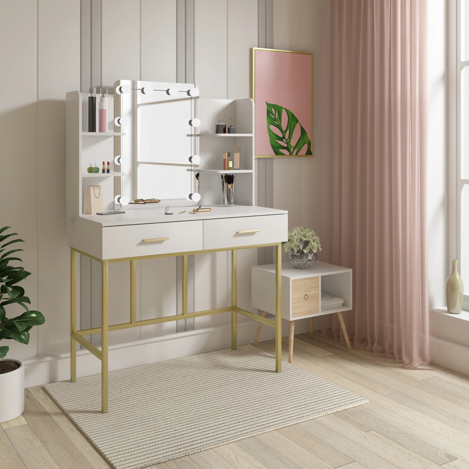 WOLTU Bureau de vanité en or blanc avec miroir Éclairage LED 2 tiroirs Commode moderne Coiffeuse Table de maquillage pour chambre à coucher Maison