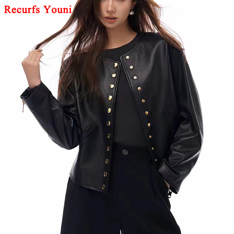 Chaquetas de cuero con cuello redondo y dobladillo curvo para Mujer, abrigo informal de marca, chaqueta Bomber, otoño e invierno, 2024