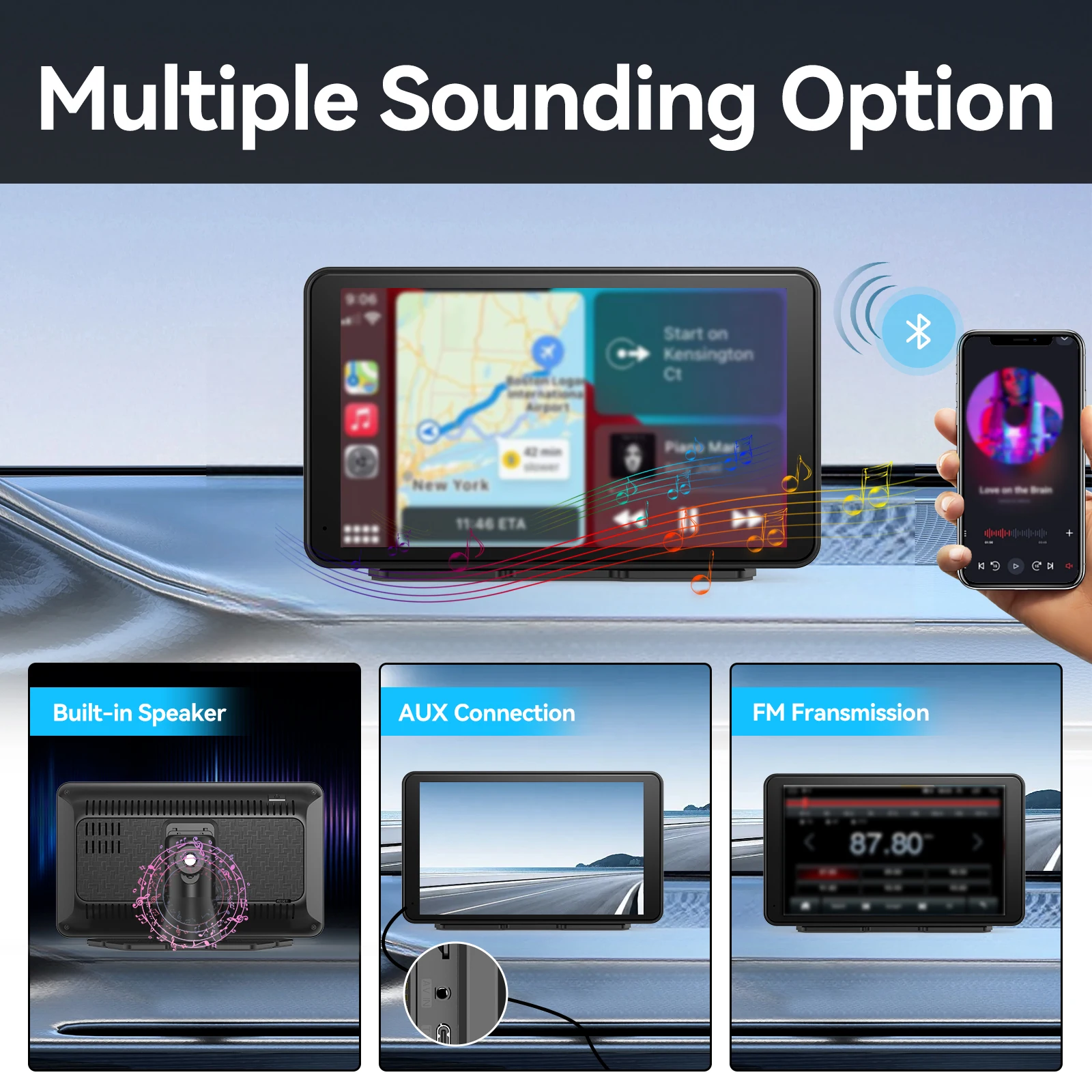 Pantalla táctil inteligente portátil CarPlay de 7 pulgadas con estéreo para coche, Android Auto inalámbrico/Enlace de espejo/conexión auxiliar/FM