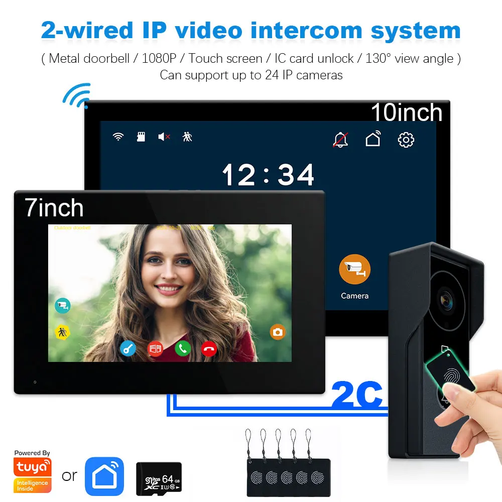 2 Draad Visiophone Deurbel Video-intercomsysteem voor thuis Metalen deurtelefoon Ondersteuning IP-camera Tuya Smart 1080P