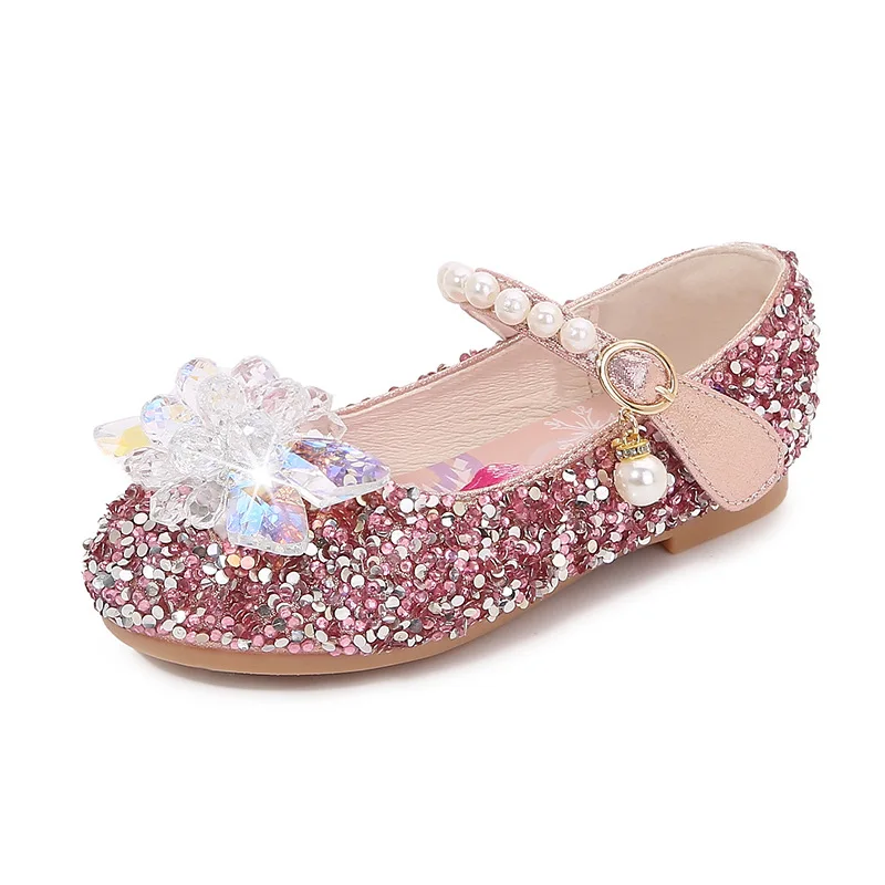 Disney รองเท้าสาวแช่แข็งเจ้าหญิงเอลซ่า Soft Sole รองเท้าฤดูร้อนเด็กคริสตัล Pearly Shiny สาวสีชมพูรองเท้าสีฟ้า