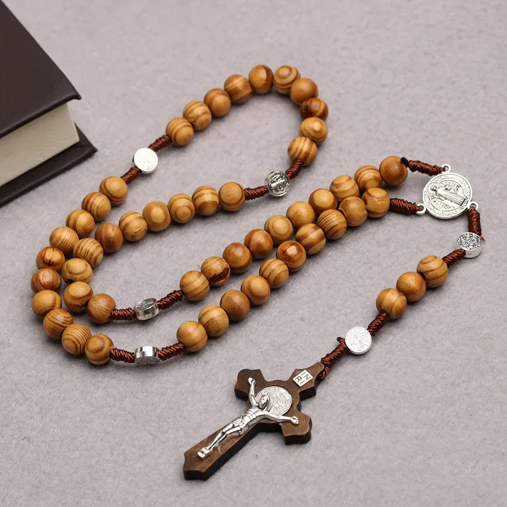 Katholische Holz Perlen Rosenkranz Halsketten Für Frauen Christian INRI Kruzifix Kreuz Anhänger Lange Kette Männer Religion Gebet Schmuck