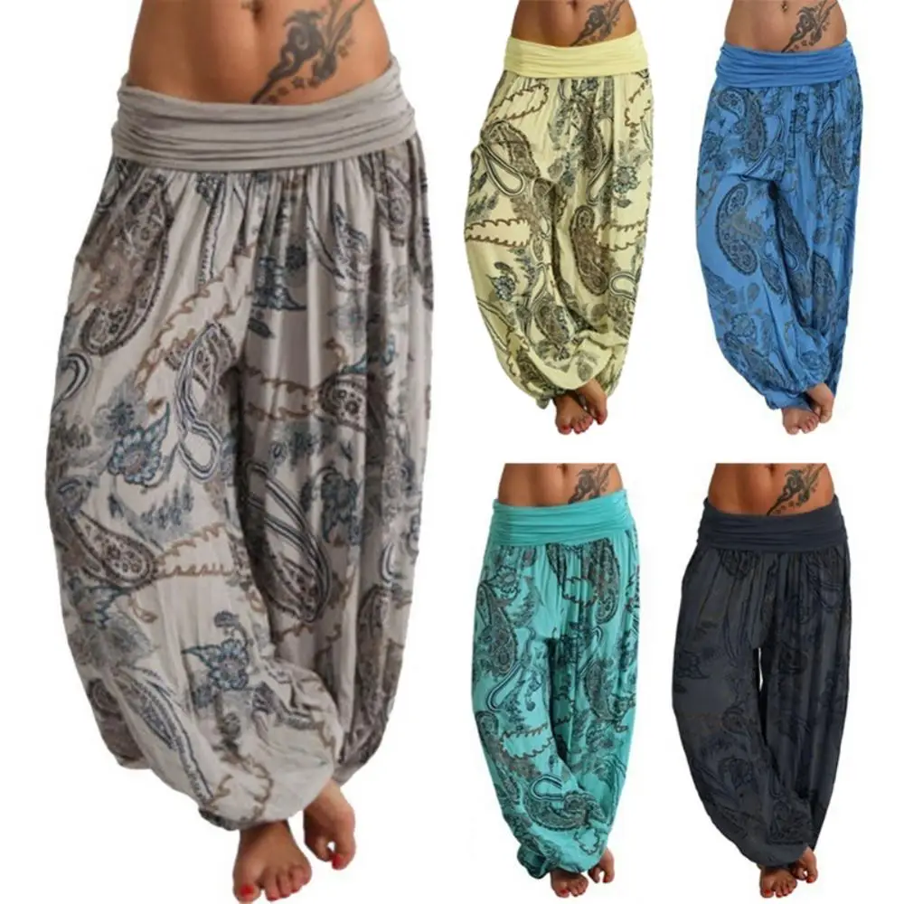 Frauen Boho Lose Hosen Paisley Drucken Hohe Taille Knöchel Gebunden Harem Hosen Baggy Lange Pumphose Hosen Weibliche Hose Pantalones