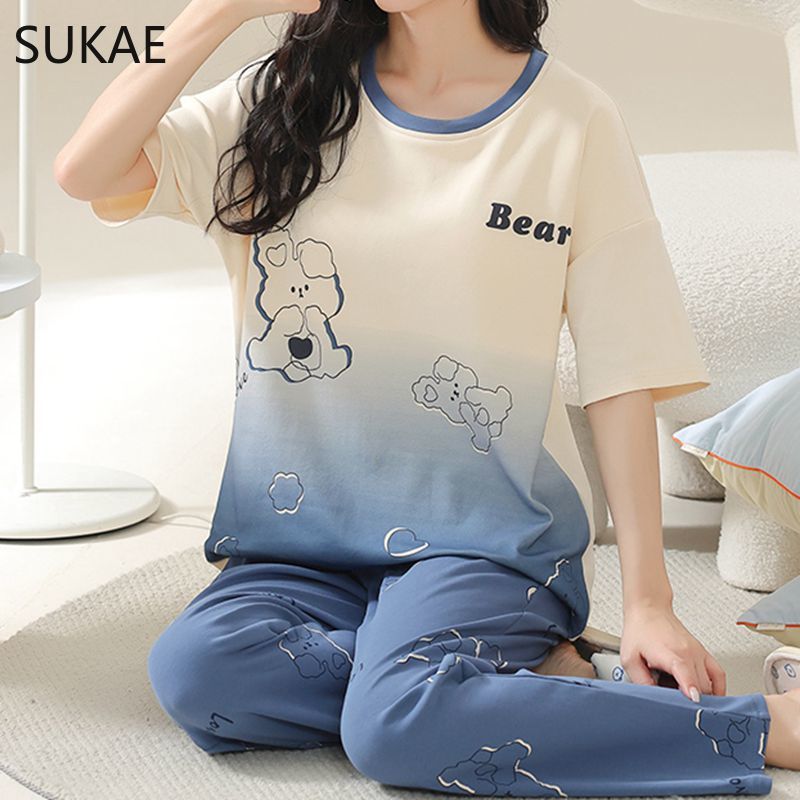 SUKAE Sommer Frauen Pyjamas Set Plus Größe M-5XL Baumwolle frauen Pyjama Kurzen Ärmeln Nachtwäsche Nachtwäsche Koreanische Pijamas für Mädchen