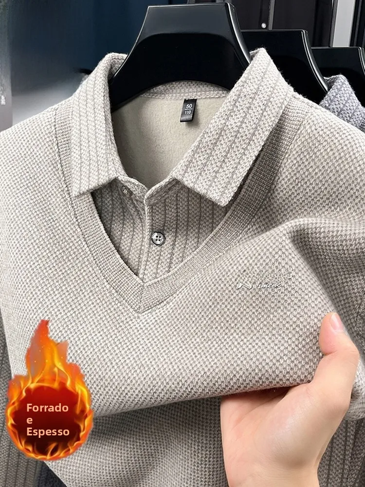 Suéter Masculino de Inverno com Forro de Fce Espo, Estilo Casual, Csa Base Quente, Estilo Pai, Ajuste Regular, Manga...