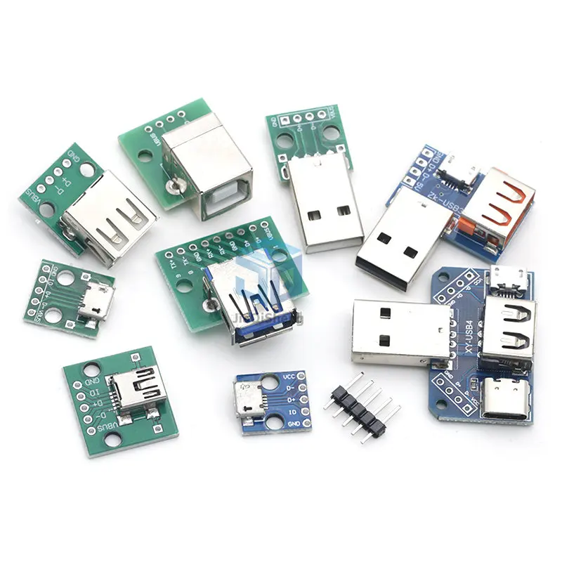 Conector macho USB de 1 pieza, adaptador hembra MINI MICRO USB A DIP, conector 2,54, convertidor PCB hembra B Tipo C USB2.0 3,0