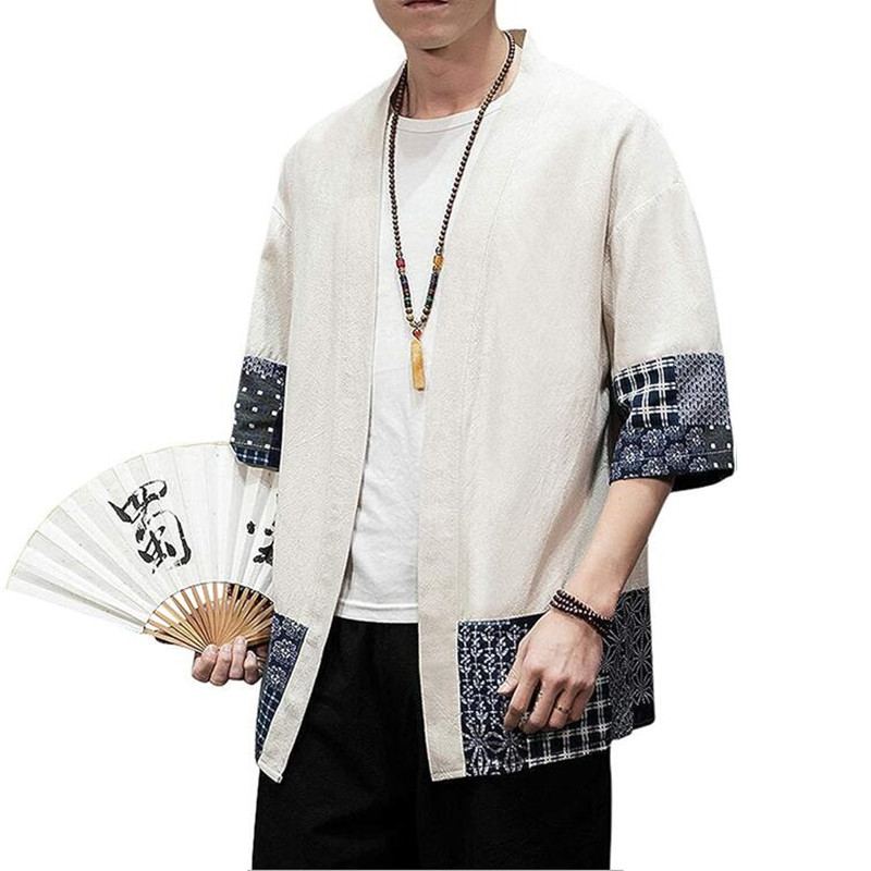 Cardigan Kimono japonais pour hommes, ample, en coton et lin, manches 3/4, ouvert sur le devant, chemise d'été décontractée