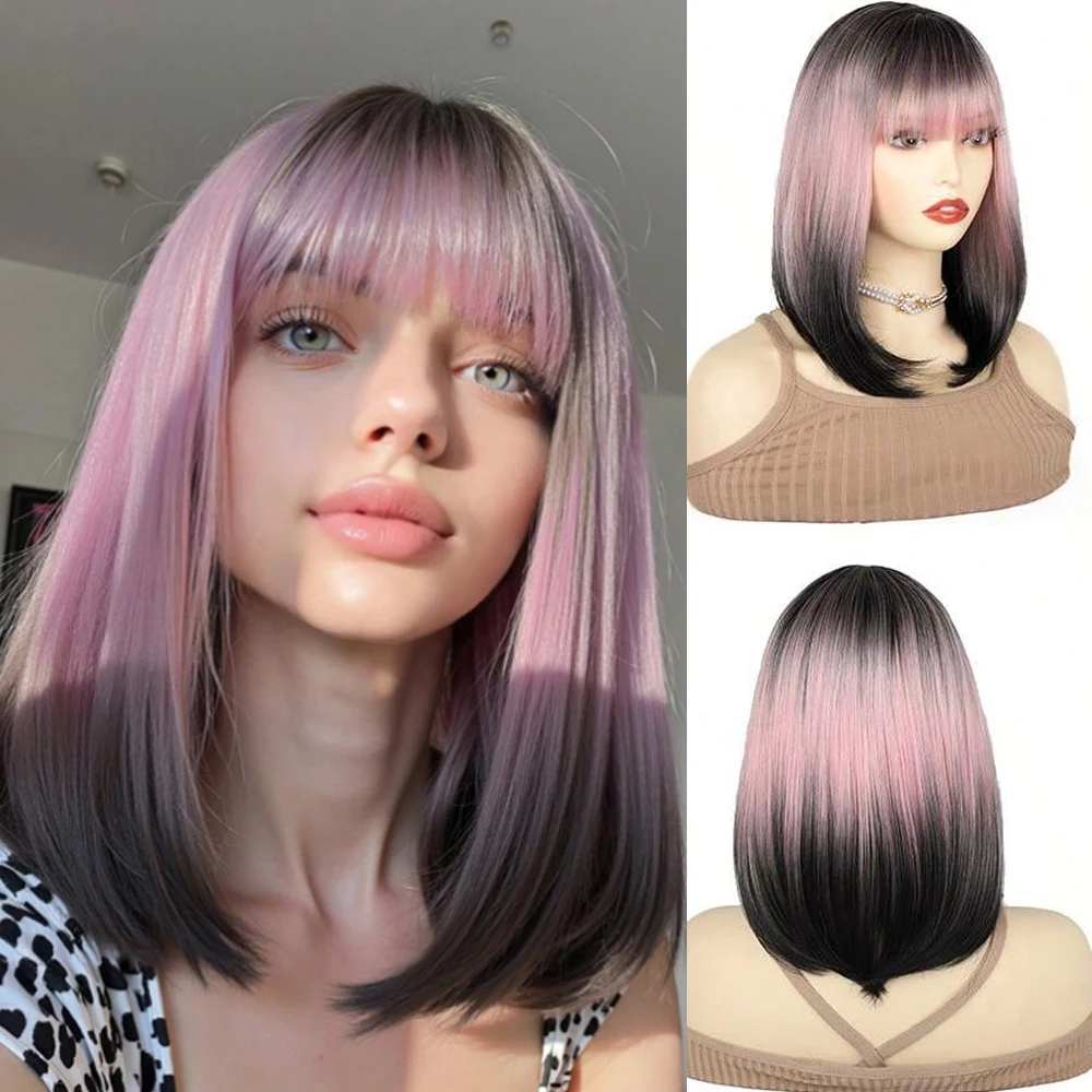 Ombre rosa preto perucas para mulheres com franja cosplay perucas coloridas perucas de cabelo em camadas sintéticas para festa diária/uso de halloween